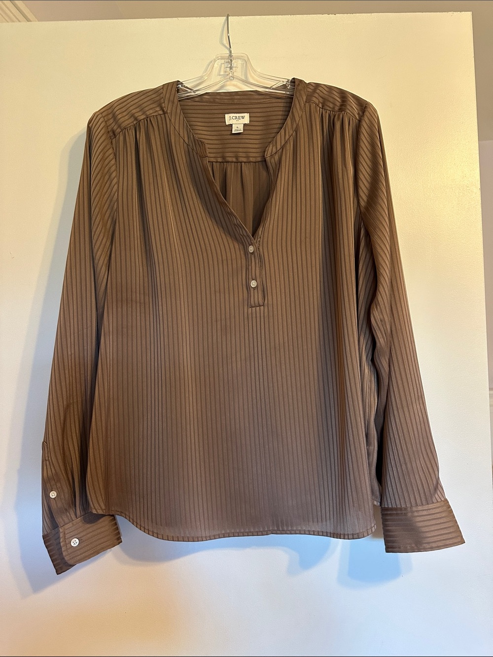 J. Crew Factory Taupe Striped Long-Sleeve Satin Blouse